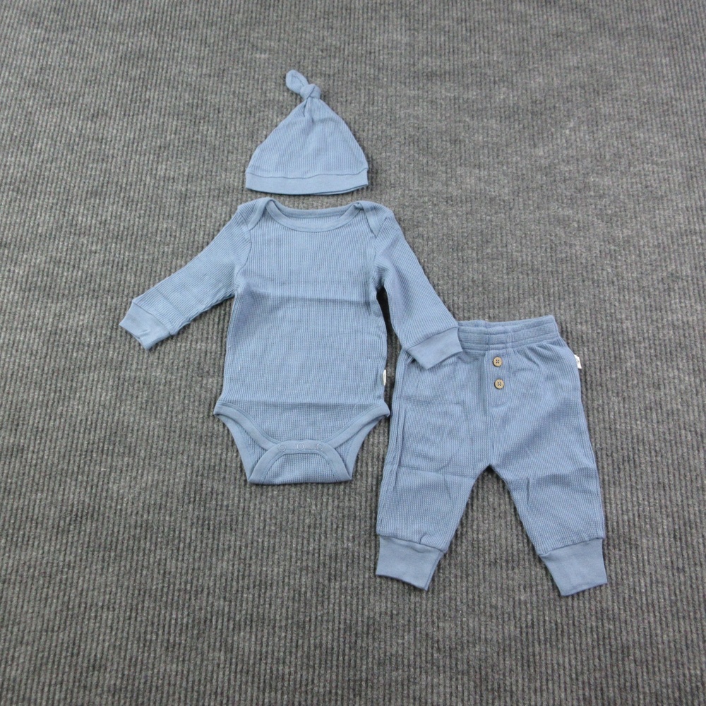 Tiny Kind 3 Piece Set Unisex 3-6 Months Blue Waffle Bodysuit Hat Pants NWOT